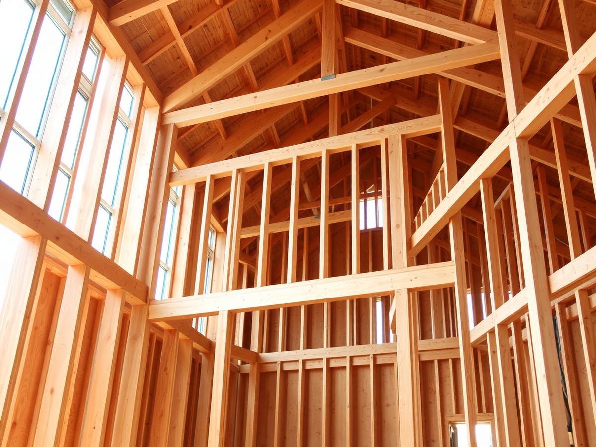 Interior of a wood framing structure with sunlight through studs