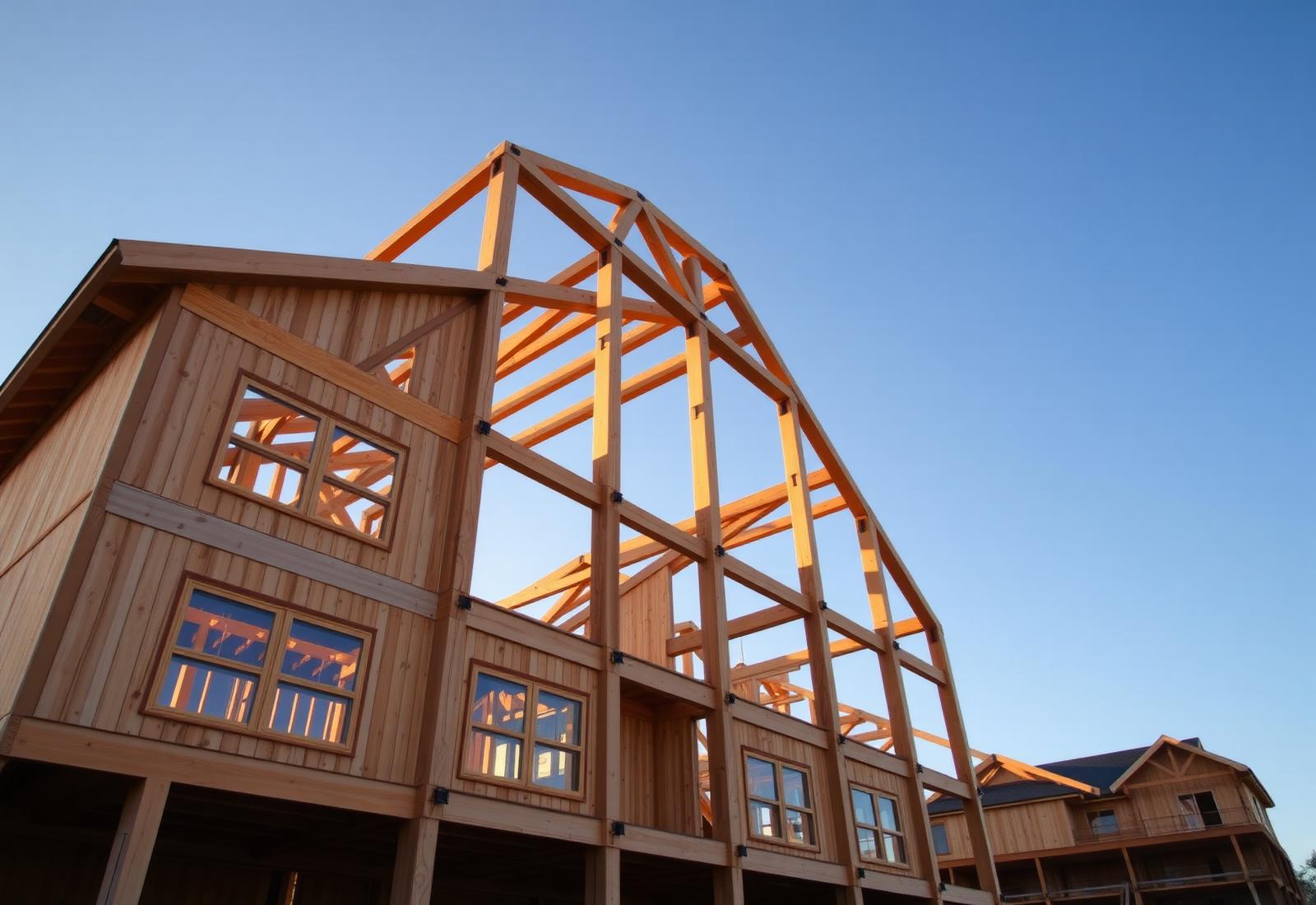 Wood-framed multi-family building under construction at golden hour
